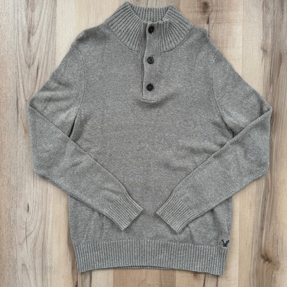 American Eagle Beige Tan Cotton Half Zip & Button Up Knitted Sweater Athletic M - Picture 3 of 11